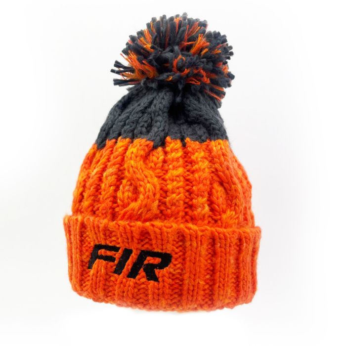 BLACK FIR TEXT - ORANGE/DARK GREY CABLE KNIT BOBBLE HAT - ONE SIZE