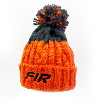 BLACK FIR TEXT - ORANGE/DARK GREY CABLE KNIT BOBBLE HAT - ONE SIZE