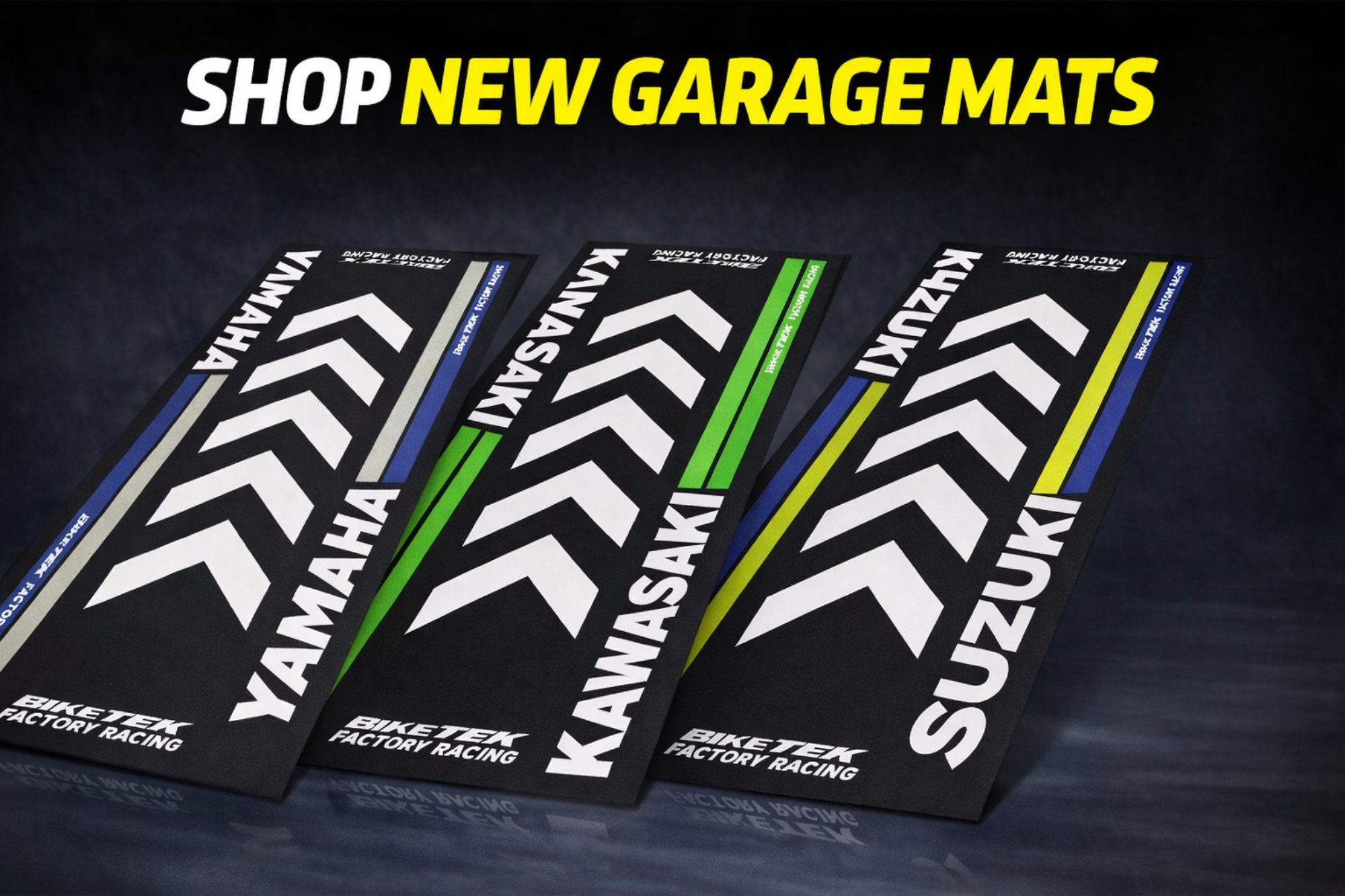 Four garage mats with Yamaha, Kawasaki, and Suzuki logos on a dark background.