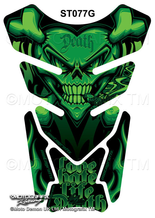Smoking Sacred Heart Skull Green Motorcycle Tank Pad Protector Motografix 3D Gel